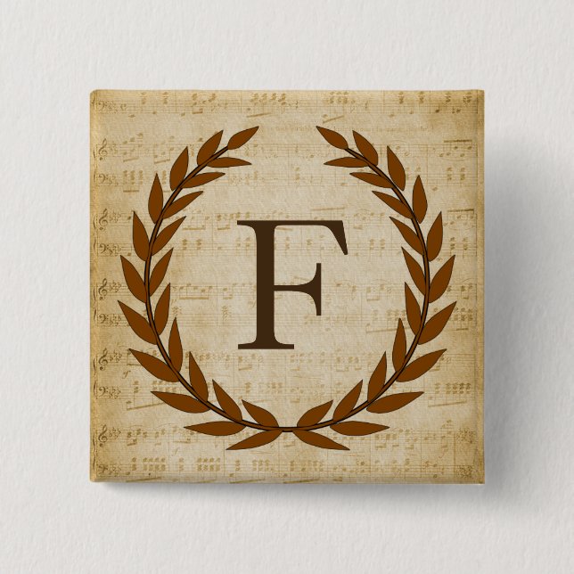 Laurel Wreath Sheet Music Monogram Initial F Button (Front)
