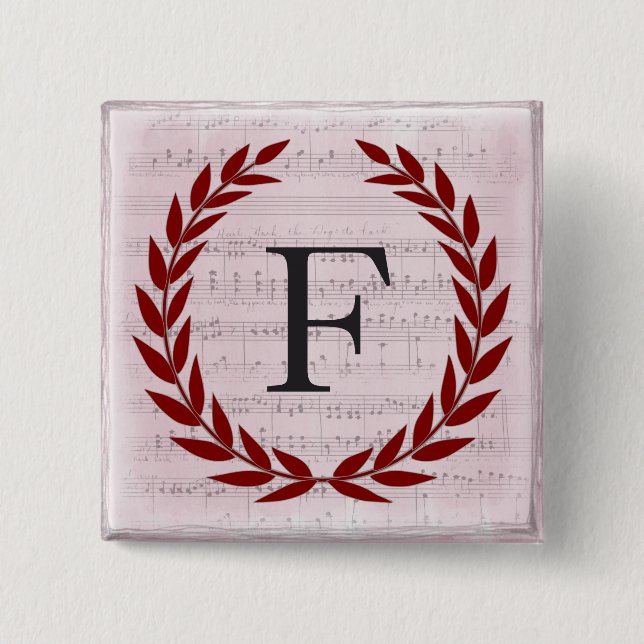 Laurel Wreath Sheet Music Monogram Initial F Button (Front)