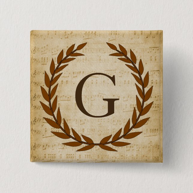 Laurel Wreath Sheet Music Monogram Initial G Button (Front)