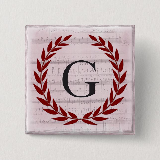 Laurel Wreath Sheet Music Monogram Initial G Button (Front)