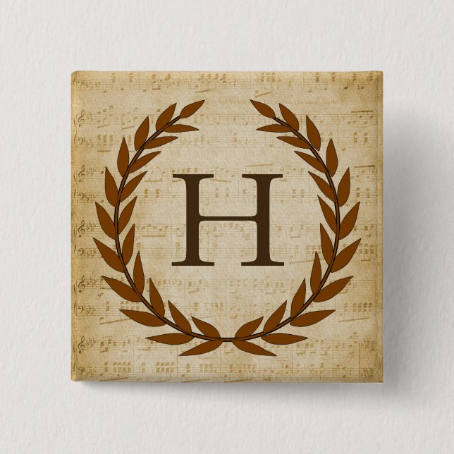 Laurel Wreath Sheet Music Monogram Initial H Button (Front)