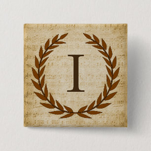 Laurel Wreath Sheet Music Monogram Initial I Button