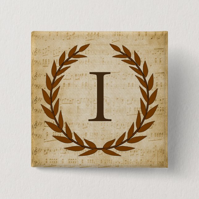 Laurel Wreath Sheet Music Monogram Initial I Button (Front)