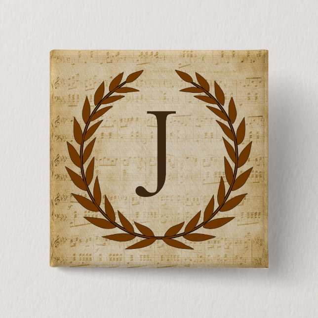 Laurel Wreath Sheet Music Monogram Initial J Button (Front)