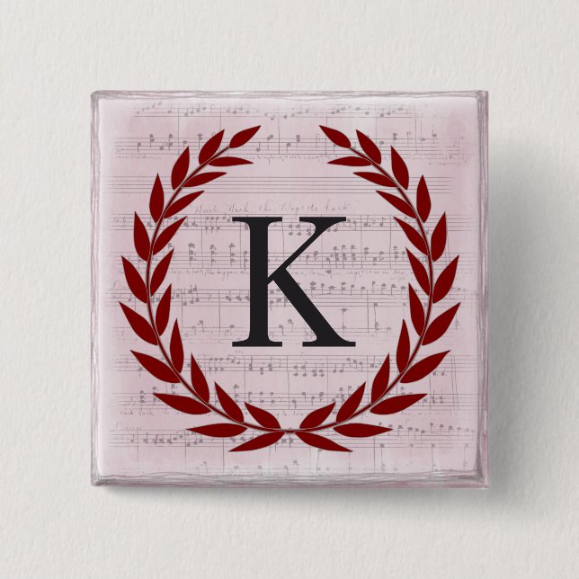 Laurel Wreath Sheet Music Monogram Initial K Button (Front)