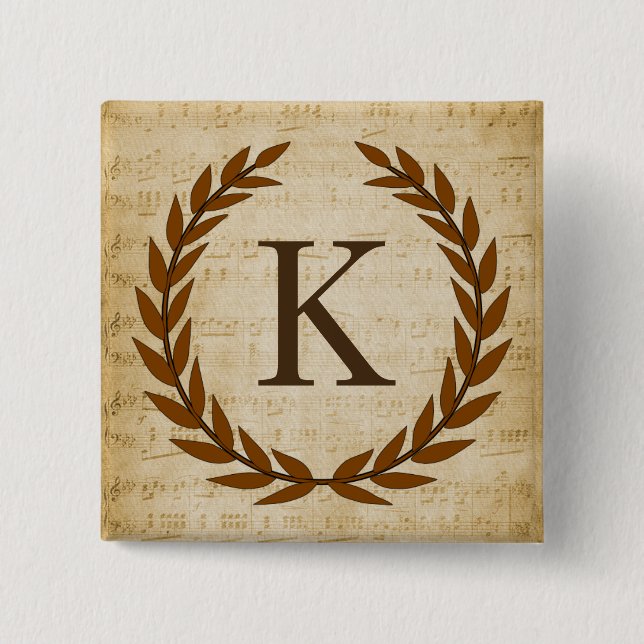 Laurel Wreath Sheet Music Monogram Initial K Button (Front)