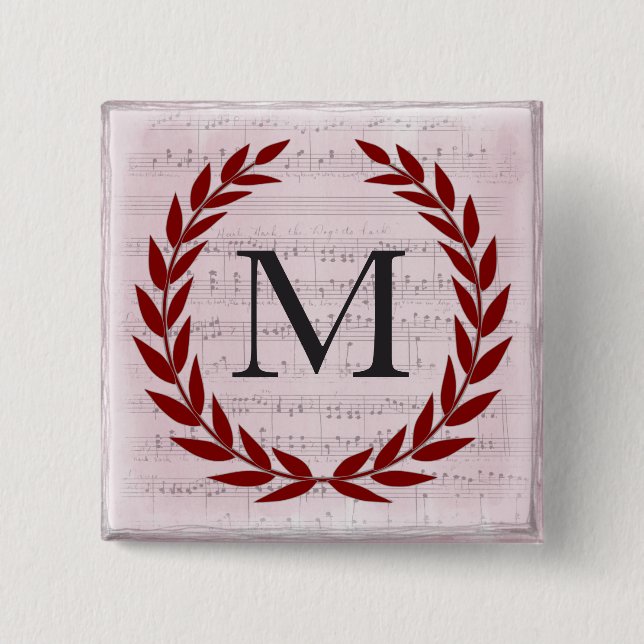 Laurel Wreath Sheet Music Monogram Initial M Button (Front)