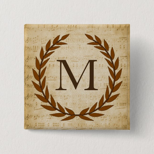 Laurel Wreath Sheet Music Monogram Initial M Button (Front)