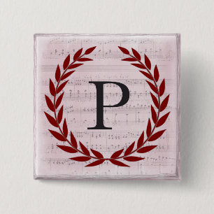 Laurel Wreath Sheet Music Monogram Initial P Button