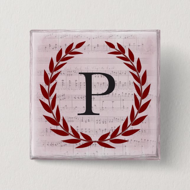 Laurel Wreath Sheet Music Monogram Initial P Button (Front)