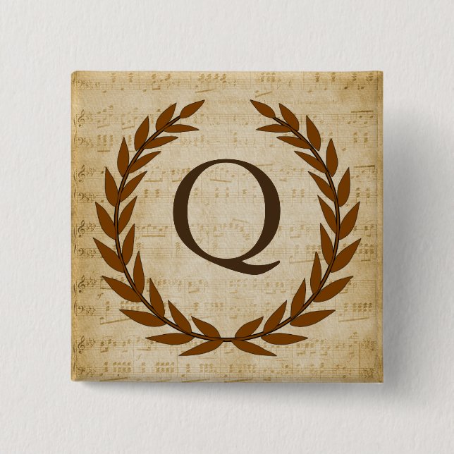 Laurel Wreath Sheet Music Monogram Initial Q Button (Front)
