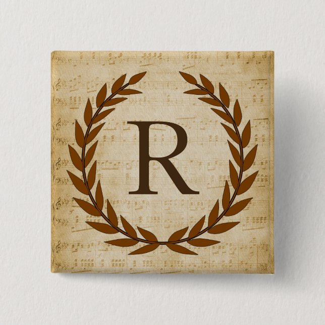 Laurel Wreath Sheet Music Monogram Initial R Button (Front)