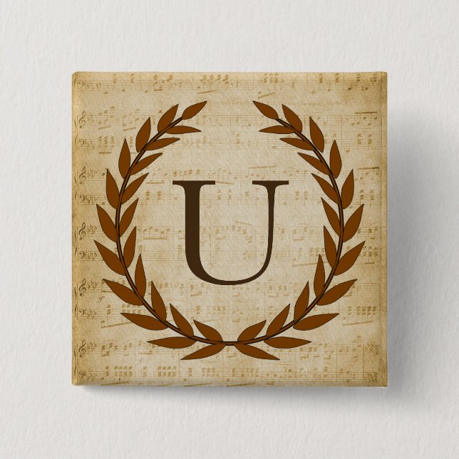 Laurel Wreath Sheet Music Monogram Initial U Button (Front)