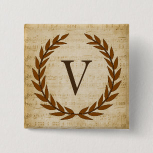 Laurel Wreath Sheet Music Monogram Initial V Button