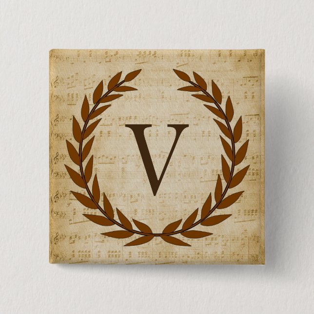 Laurel Wreath Sheet Music Monogram Initial V Button (Front)