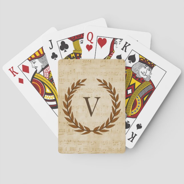Laurel Wreath Sheet Music Monogram Initial V Poker Cards (Back)