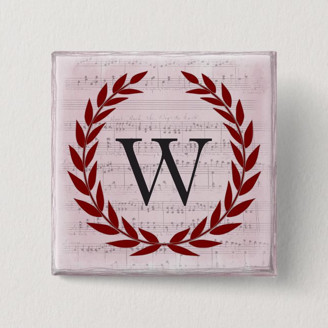 Laurel Wreath Sheet Music Monogram Initial W Button (Front)