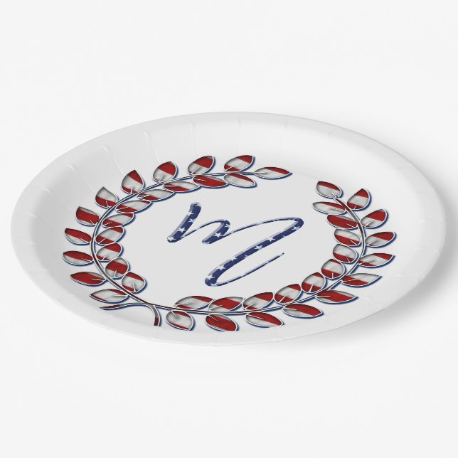 Laurel Wreath Stars and Stripes Monogram M Paper Plates (Angled)