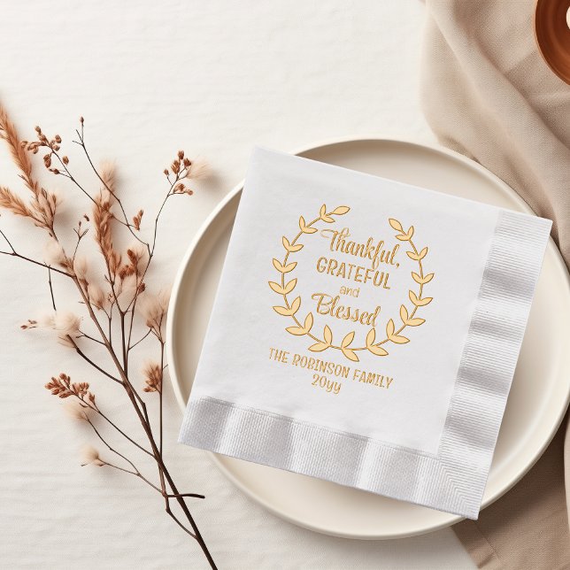 Laurel Wreath Thankful Grateful and Blessed Family Foil Napkins (Thanksgiving "Thankful, Grateful and Blessed" Family Name and Year Stamped Foil Napkins)