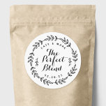 Laurel Wreath The Perfect Blend Wedding Favor Classic Round Sticker<br><div class="desc">Custom-designed circular wedding favor stickers/labels featuring "The Perfect Blend" encircled in hand-drawn laurel wreath. Personalize with bride and groom/couple's names and wedding date for a touch of style on wedding coffee grounds/beans favors and gifts.</div>