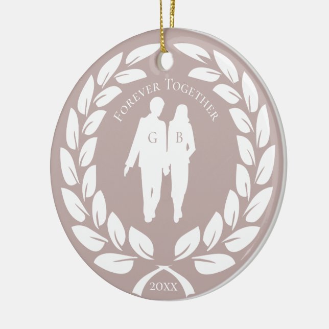 Laurel Wreath Wedding Couple Rose Gold Monogrammed Ceramic Ornament (Left)