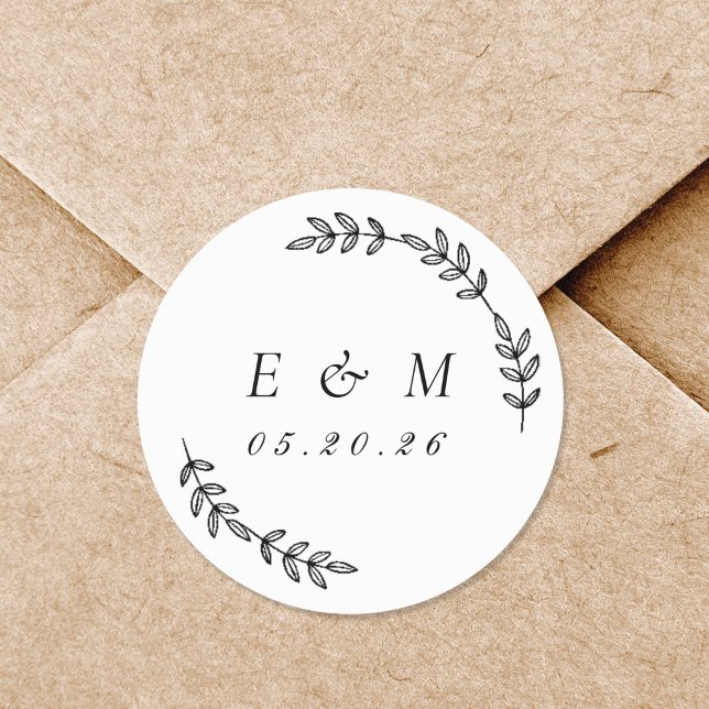 Laurel Wreath Wedding Monogram Classic Round Sticker (Creator Uploaded)