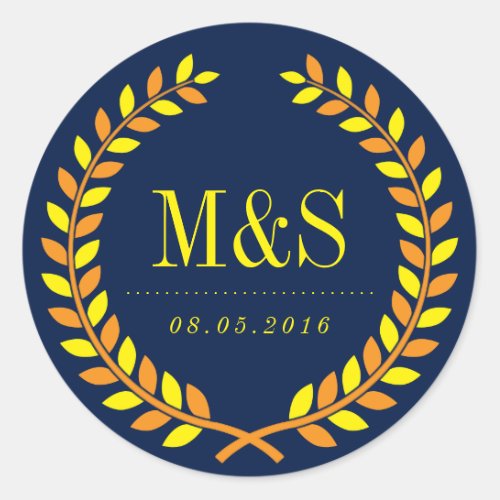 Laurel Wreath Wedding Sticker Navy Blue and Yellow