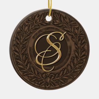 Laurel Wreath with Gold Monogram in Brown Ceramic Ornament