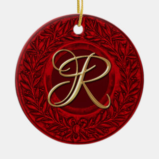 Laurel Wreath with Gold Monogram in Red Ceramic Ornament