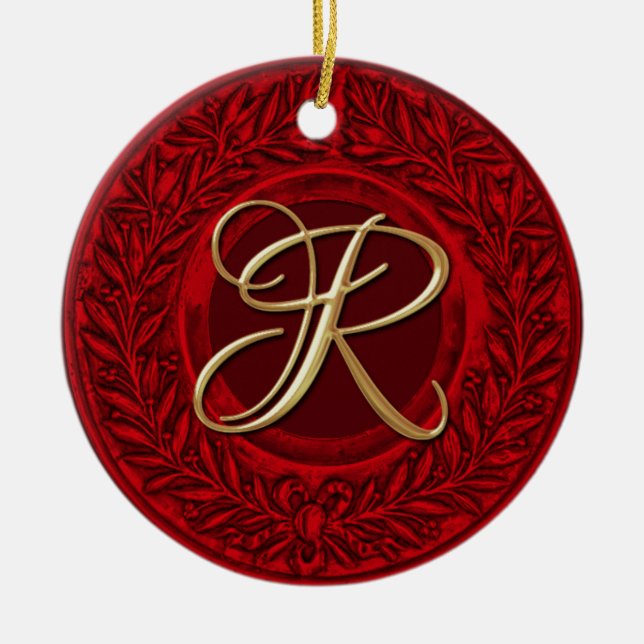 Laurel Wreath with Gold Monogram in Red Ceramic Ornament (Front)