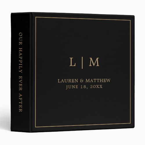 Lauren Black and Gold Monogram Elegant Wedding 3 Ring Binder