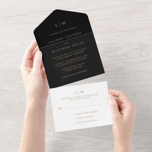 Lauren Black and Gold Monogram Elegant Wedding All In One Invitation
