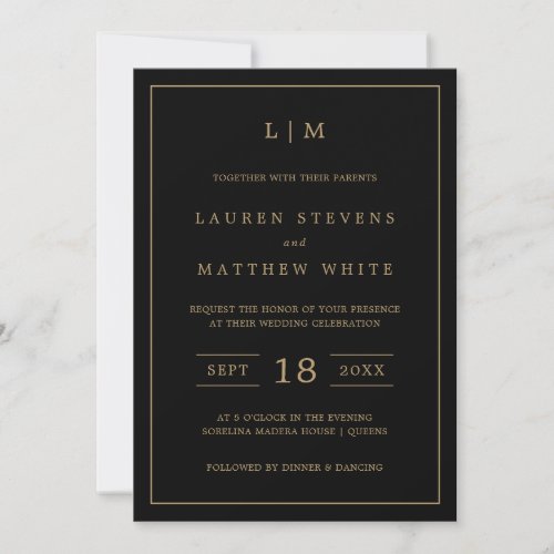 Lauren Black and Gold Monogram Elegant Wedding Invitation