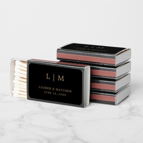 Lauren Black and Gold Monogram Elegant Wedding Matchboxes