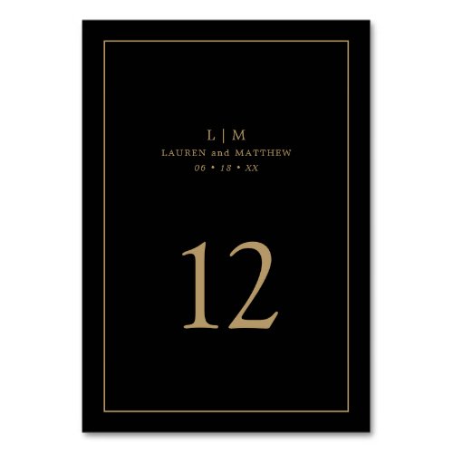 Lauren Black and Gold Monogram Elegant Wedding Table Number