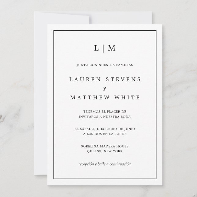 Lauren Black and White Elegant Spanish Wedding Invitation (Front)