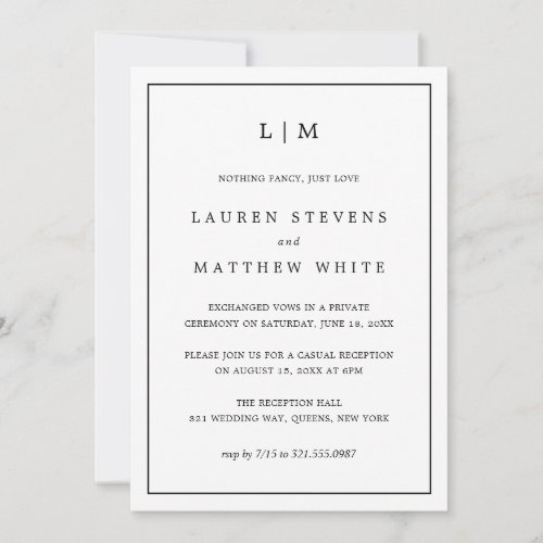 Lauren Black and White Elegant  Wedding Reception Invitation