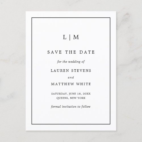 Lauren Black and White Monogram Elegant Wedding Announcement Postcard