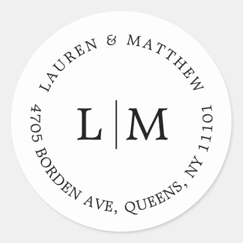 Lauren Black and White Monogram Elegant Wedding Classic Round Sticker