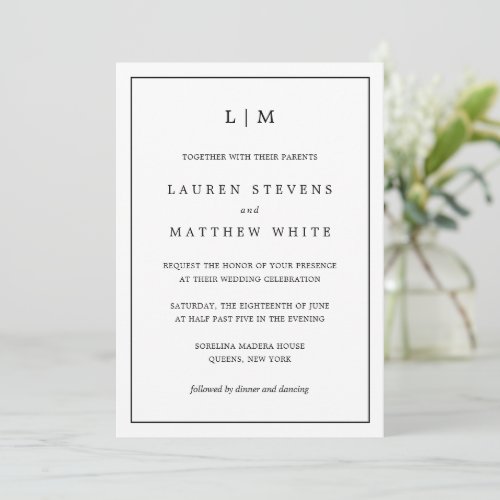 Lauren Black and White Monogram Elegant Wedding Invitation