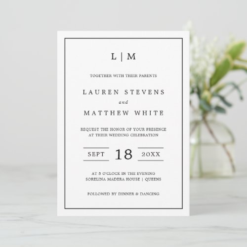 Lauren Black and White Monogram Elegant Wedding Invitation