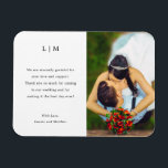 Lauren Black and White Monogram Elegant Wedding Magnet<br><div class="desc">Simple wedding favor magnet featuring a modern yet elegant design with your two letter monogram and your thank you message in black over a white background. To the right is your favorite picture. The text may be changed to any colors you wish. A chic and stylish design that is great...</div>