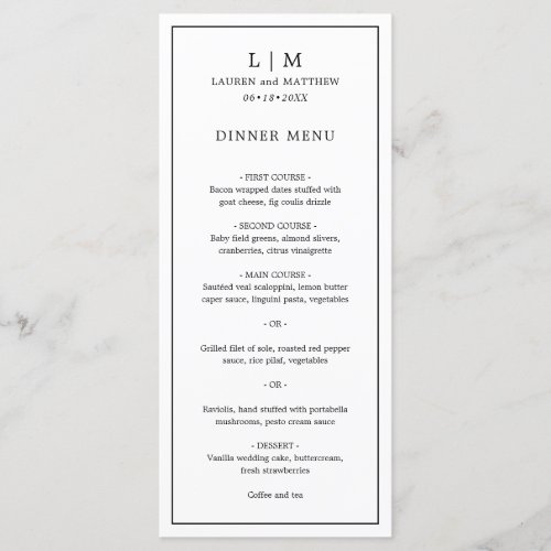 Lauren Black and White Monogram Elegant Wedding Menu