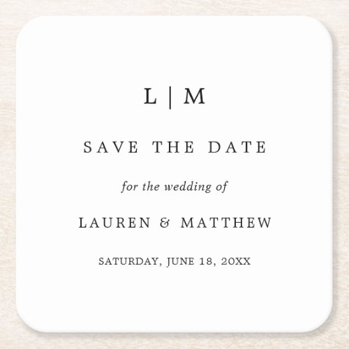 Lauren Black and White Monogram Elegant Wedding Square Paper Coaster