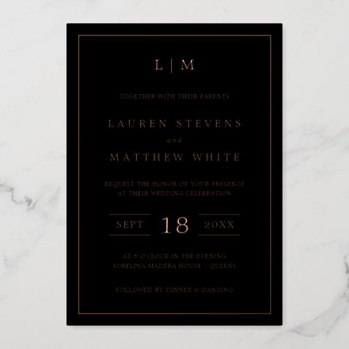 Lauren Black Monogram Elegant Wedding Foil Invitation