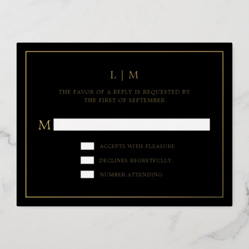 Lauren Black Monogram Elegant Wedding RSVP Card