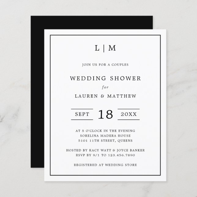 Lauren Black White Budget Wedding Shower Invite (Front/Back)