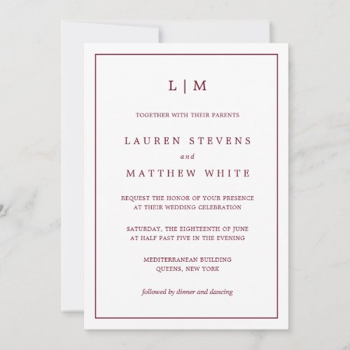 Lauren Burgundy Monogram Elegant Wedding Invitation