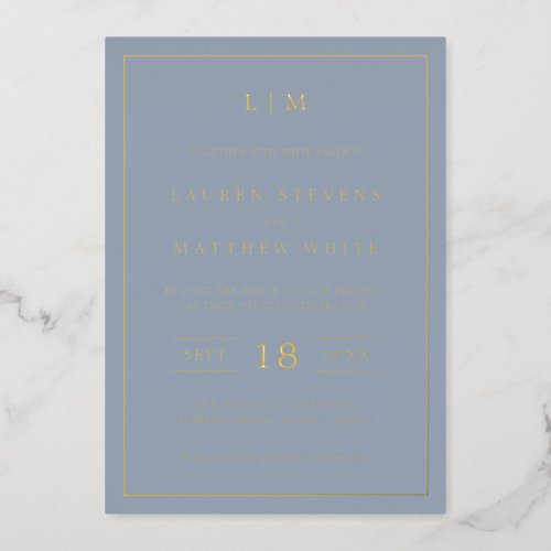 Lauren Dusty Blue Monogram Elegant Wedding Foil Invitation