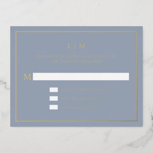 Lauren Dusty Blue Monogram Elegant Wedding Foil Invitation Postcard